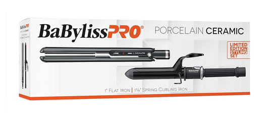 Porcelain Ceramic 1" Flat Iron and 1 1/4" Spring Curling Iron Prepack