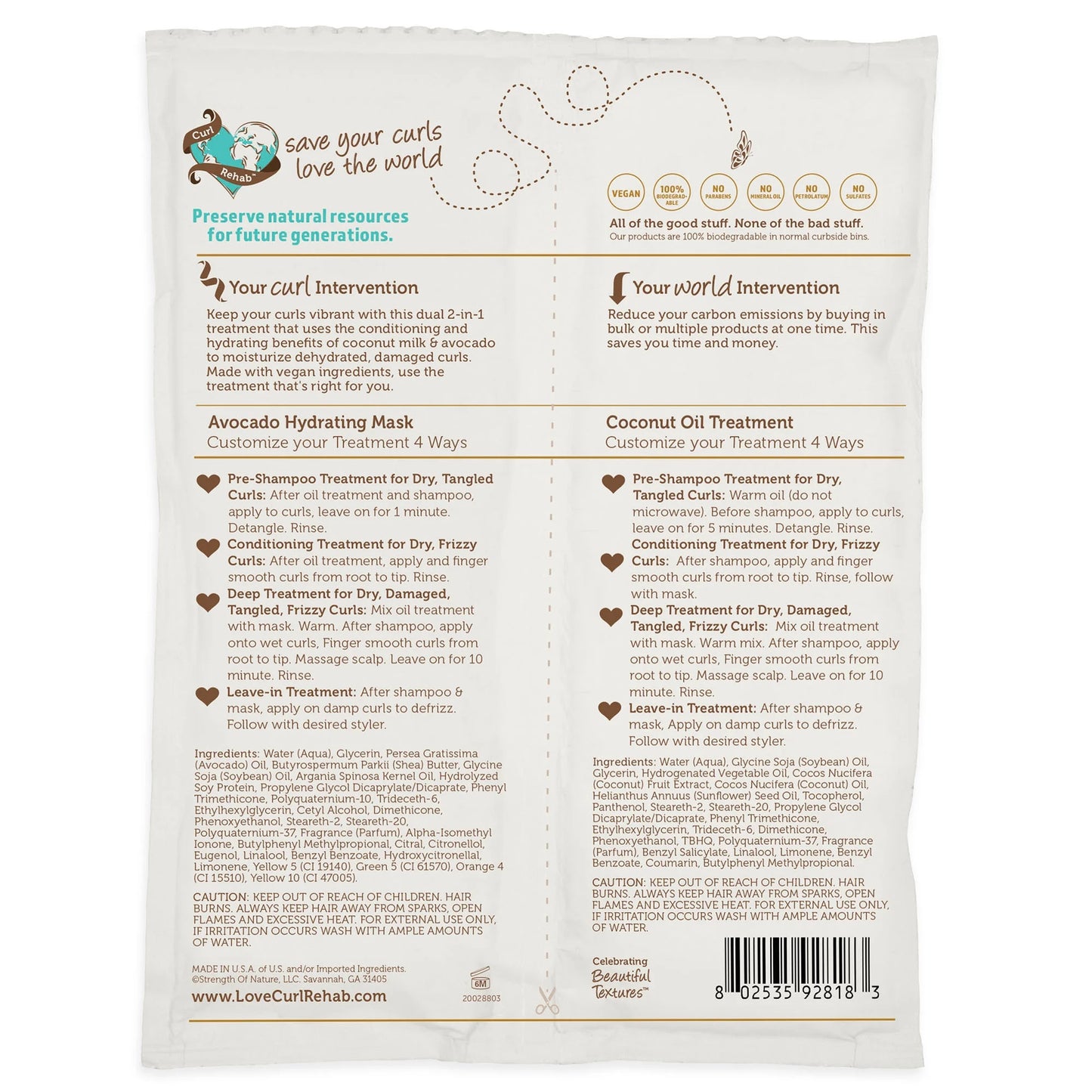 : Dry Hair/Damage Repair Dual Treatment Packette - Coconut Milk & Avocado Hydrating Mask Packette - 4.8 Oz.